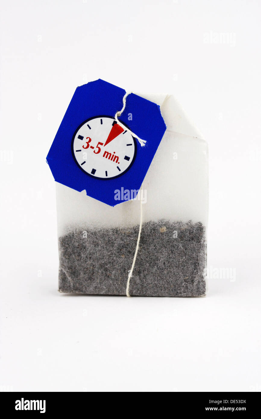 Tea bag with label, 3 to 5 minutes of infusion Stock Photo