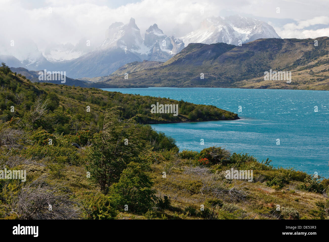 View of the granite mountain Cuernos del Paine in the Torres del Paine National Park on the shore of the glacial lake Lago del Stock Photo