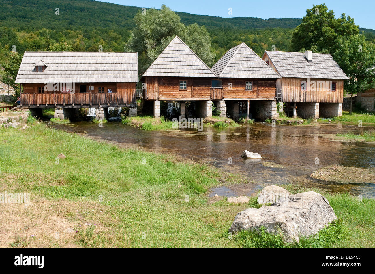Water mills on Mayer spring, river Gacka, Gacko Polje, Otocac, Lika, Central Croatia Stock Photo