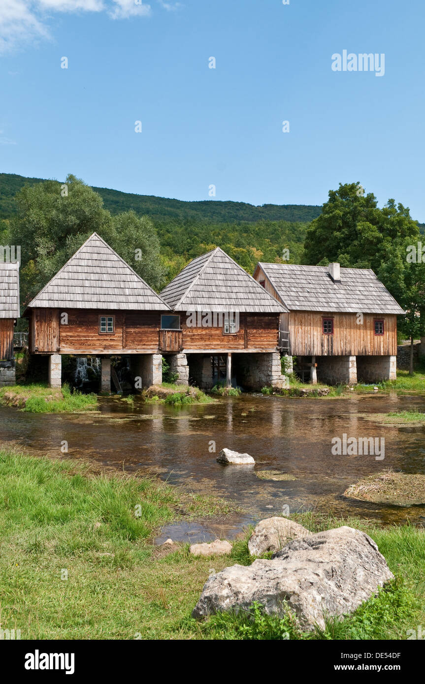 Water mills on Mayer spring, river Gacka, Gacko Polje, Otocac, Lika, Central Croatia Stock Photo