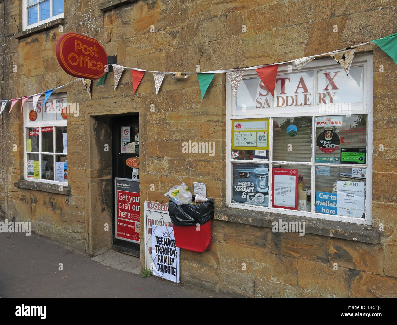 Montecute Post Office & Stax Saddery, village, South Somerset, England, UK TA15 6XD Stock Photo