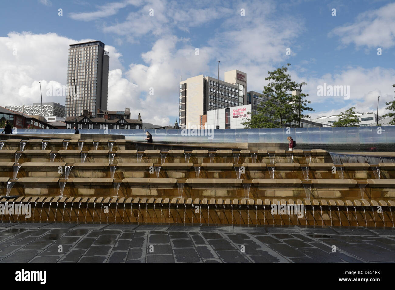 Sheffield Sheaf Square, fountain water feature, station forecourt, Sheffield city centre England, Hallam university building Stock Photo
