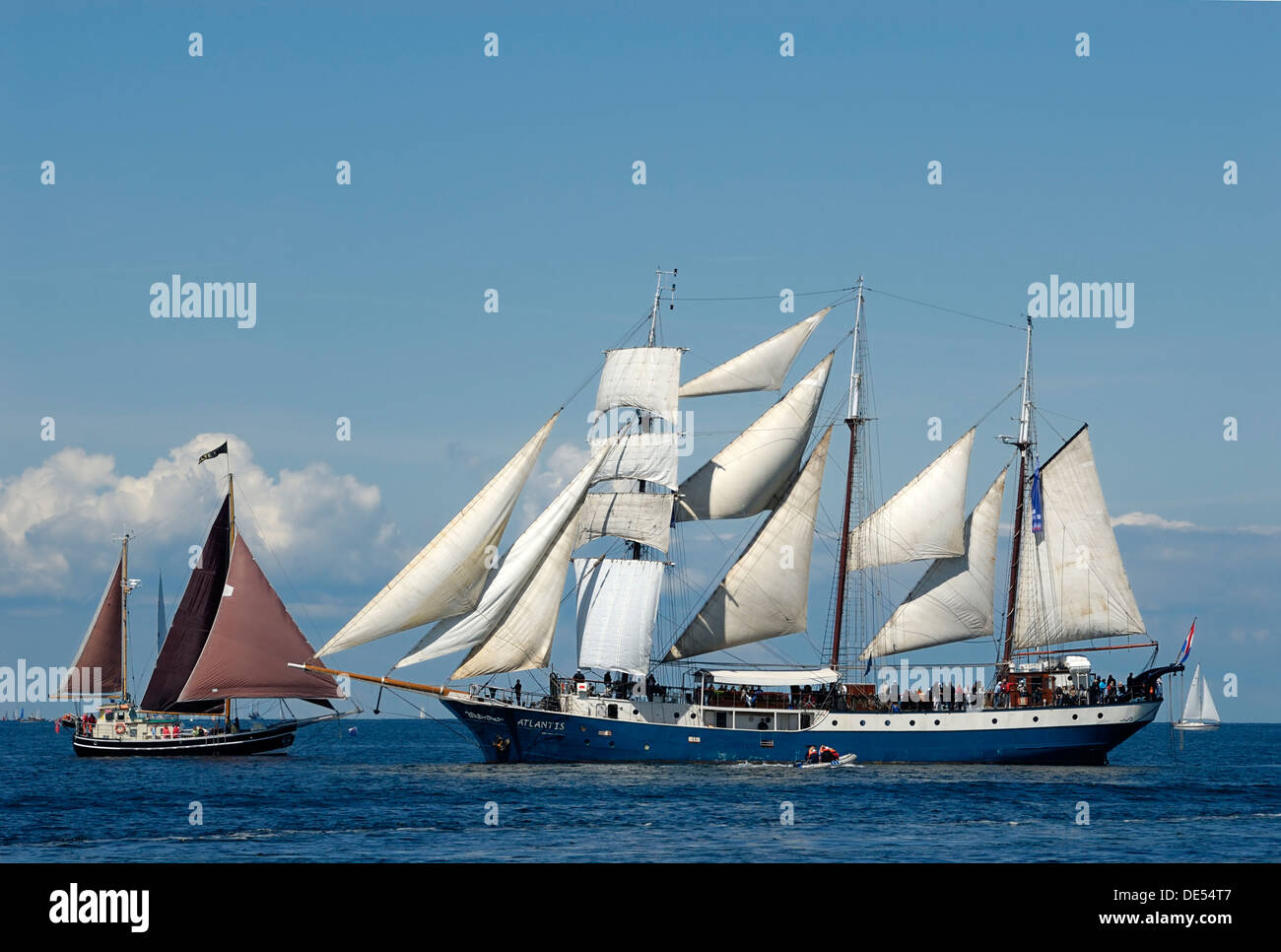 Meeting of a sail boat with a tall ship, three-masted barquentine, under full sail, Kieler Woche 2010, Schleswig-Holstein Stock Photo