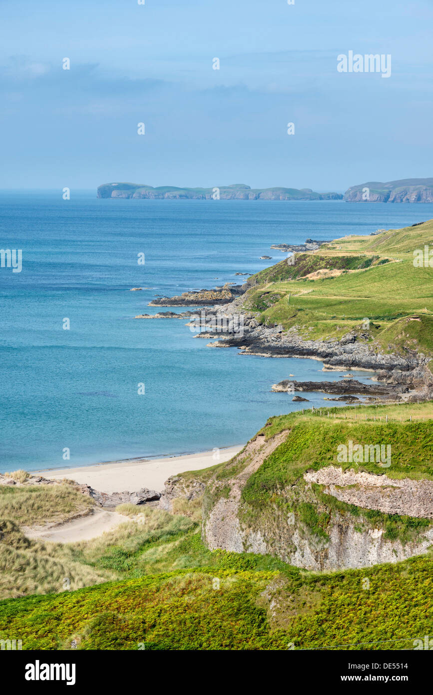 Looking down to Tongue Bay with the Rabbit Islands on the horizon, Sutherland, Scotland, Great Britain, Europe Stock Photo