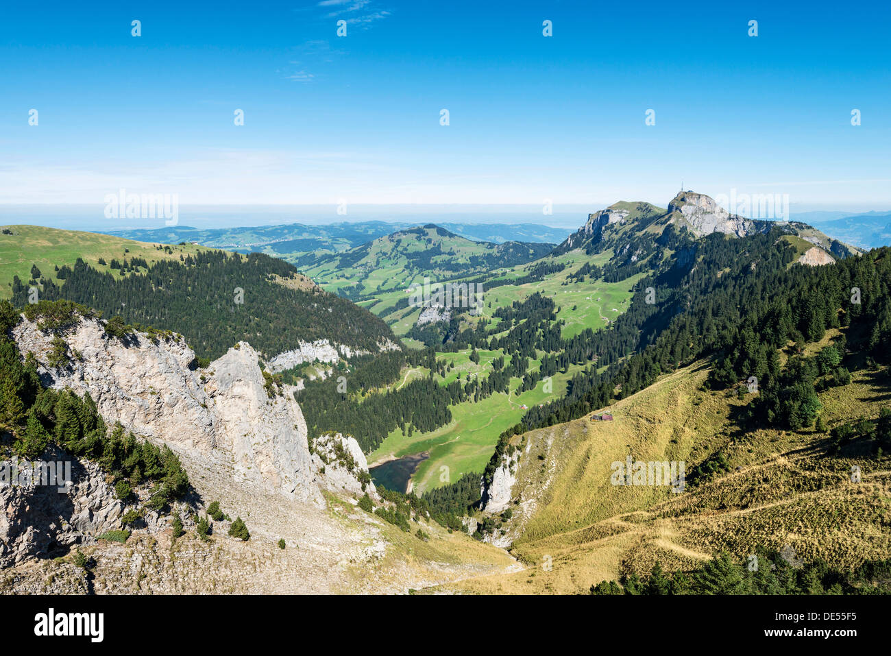 View of the Appenzell Alps as seen from the geological mountain trail, Hoher Kasten mountain, 1794m, on the right Stock Photo