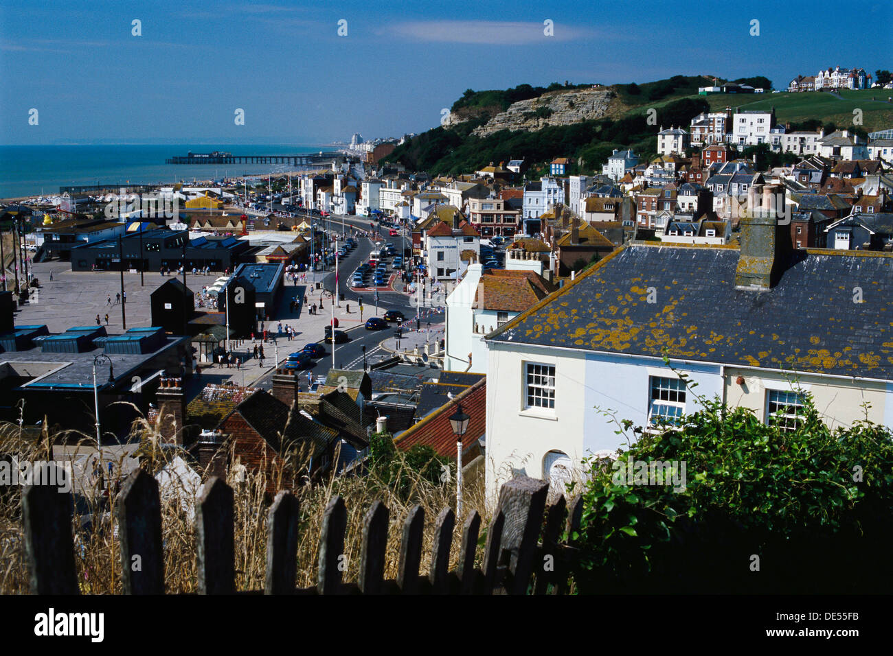 Hastings seafront, East Sussex, UK, from East Hill Stock Photo