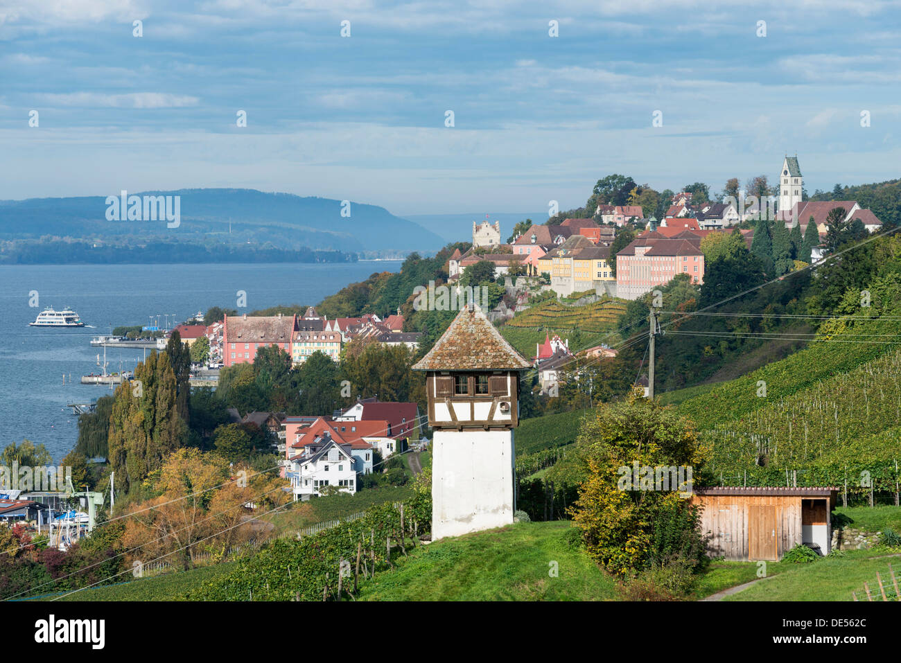 Historic Rebgut Haltnau vineyard on Lake Constance, with the town of Meersburg am Bodensee on the right, Langenargen Stock Photo