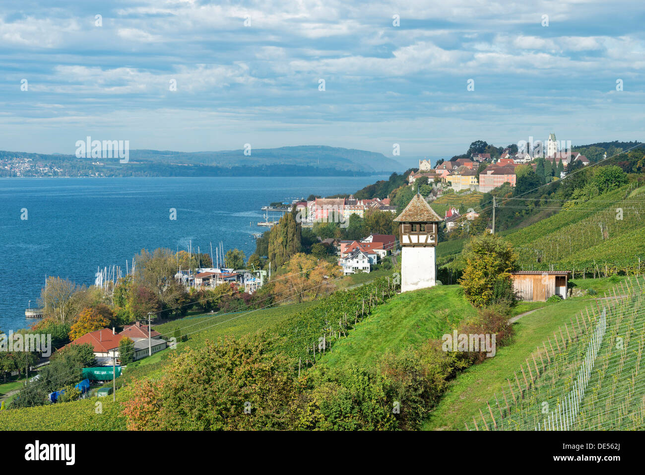 Historic Rebgut Haltnau vineyard on Lake Constance, with the town of Meersburg am Bodensee on the right, Lake Constance Stock Photo