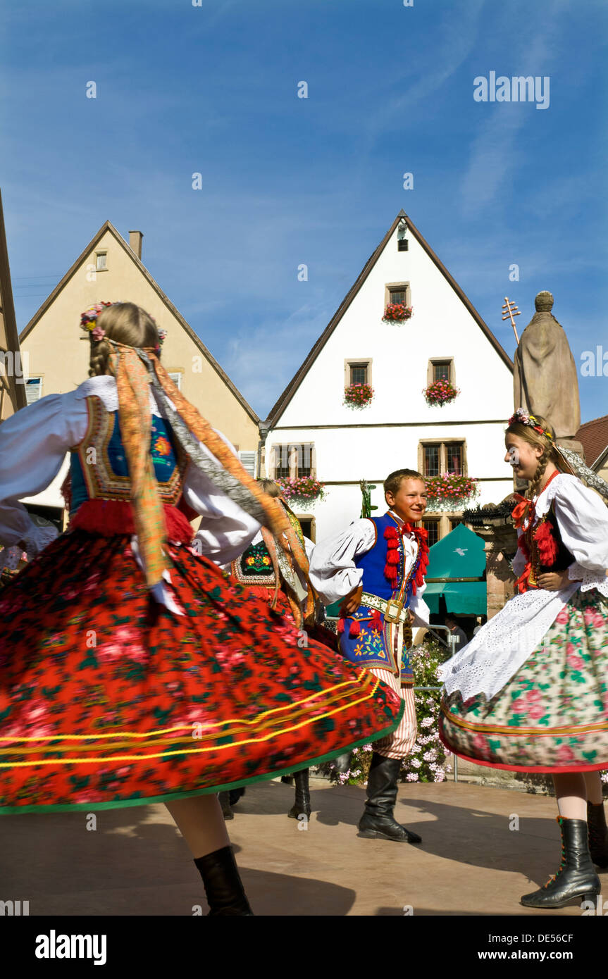 'Fete du Vin Nouveau'  young dancers in traditional costume celebrate the annual 'Fete du Vin Nouveau' at Eguisheim Alsace France Stock Photo