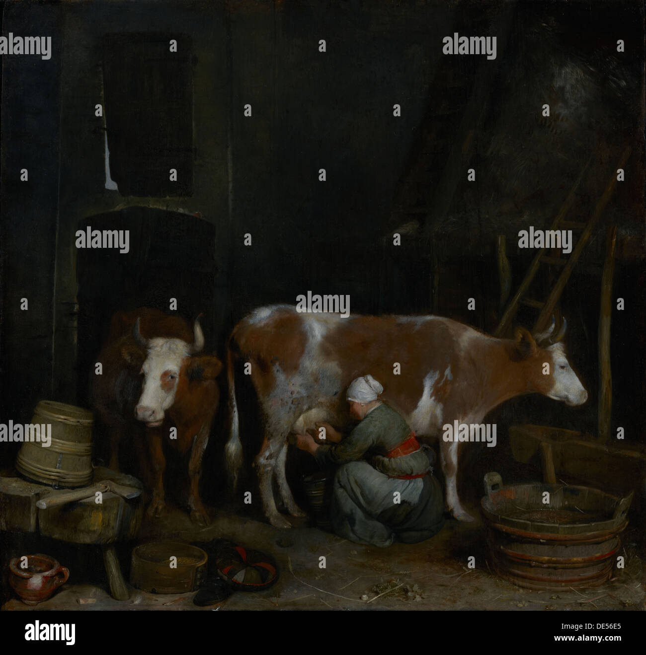 A Maid Milking a Cow in a Barn; Gerard ter Borch, Dutch, 1617 - 1681; about 1652 - 1654; Oil on panel Stock Photo