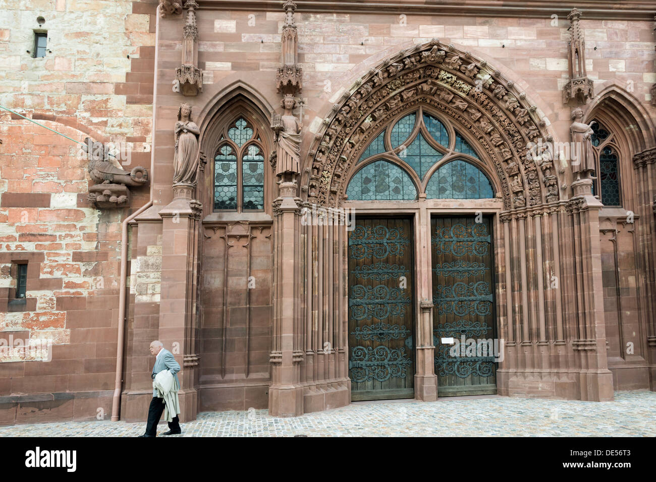Doors on the front facade of Basel Munster, Gross Basel, Switzerland Stock Photo