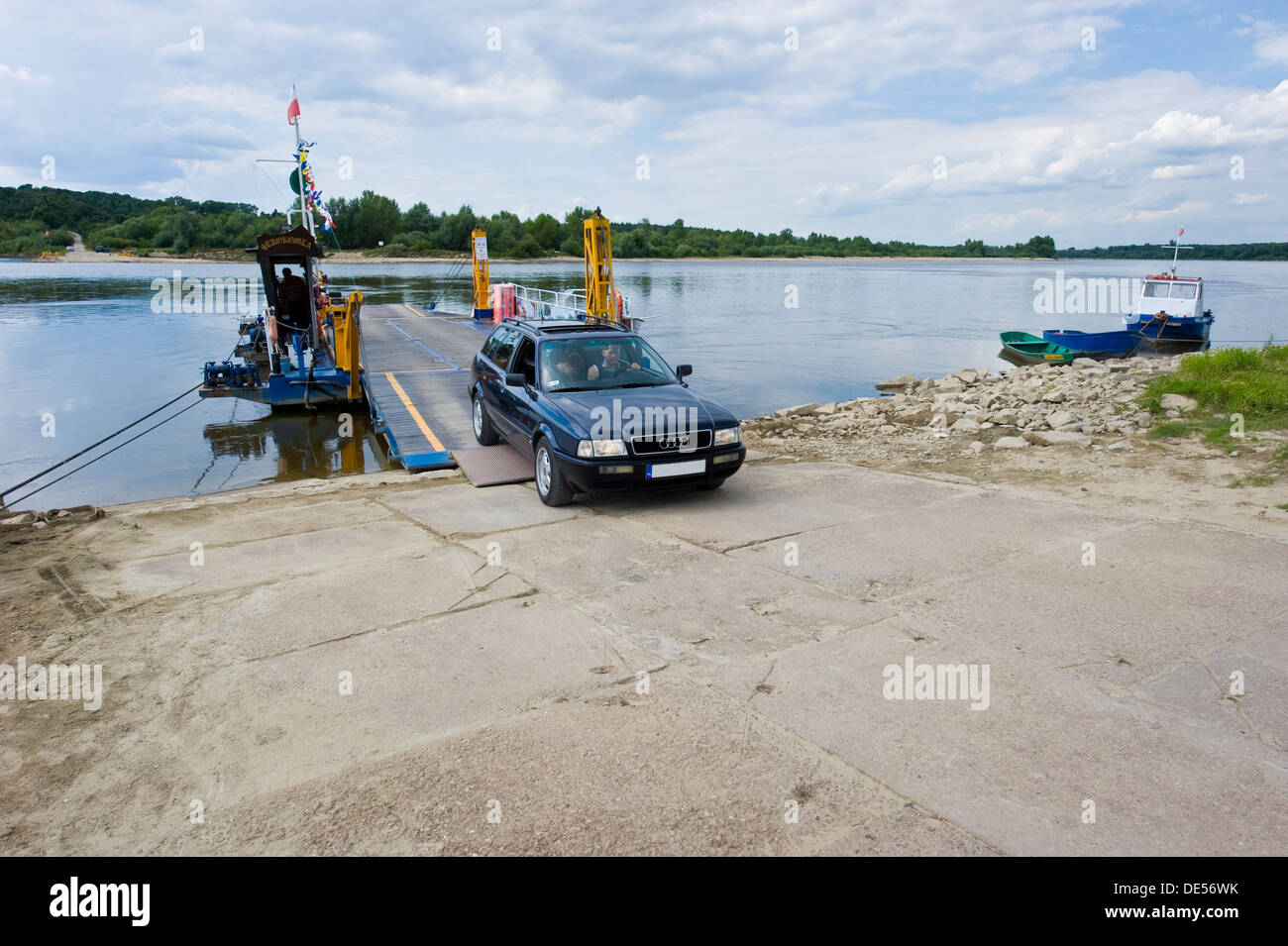 A cable car ferry over the Vistula river near Kazimierz Dolny. Stock Photo