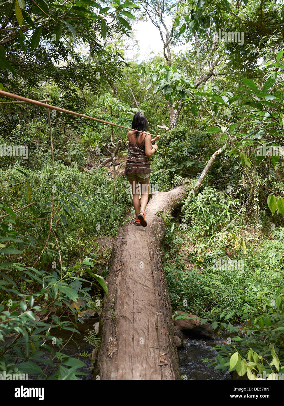 Woman balancing on a tree trunk, Las Pailas, Ricòn de la Vieja National Park, Province of Guanacaste, Costa Rica Stock Photo