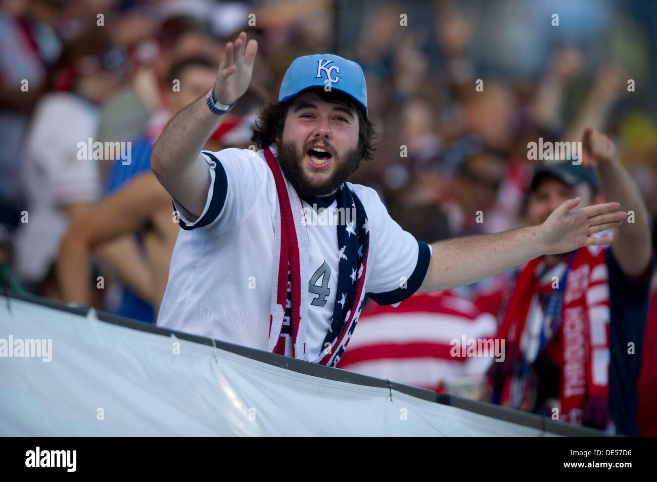 Columbus, Ohio, USA. 10th Sep, 2013. September 10, 2013: A soccer fan cheers during the U.S. Men's National Team vs. Mexico National Team- World Cup Qualifier match at Columbus Crew Stadium - Columbus, OH. The United States Men's National Team defeated The Mexico National Team 2-0 and clinched a spot for the World Cup in Brazil. © csm/Alamy Live News Stock Photo