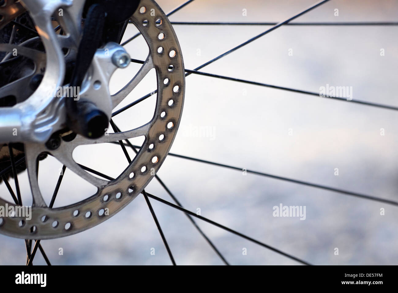 Disc brake with holes, front wheel, bike, bicycle Stock Photo