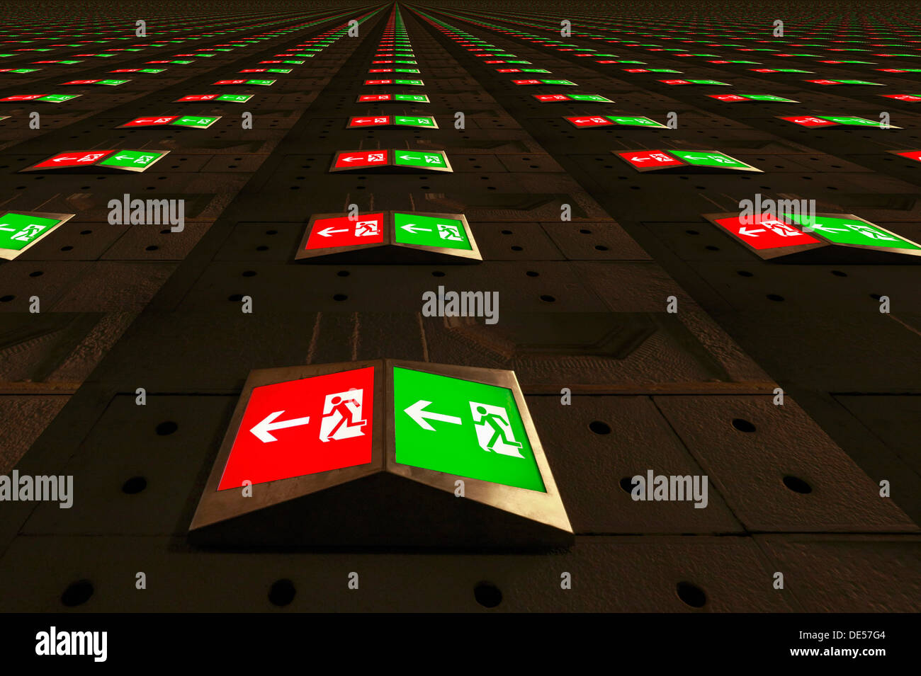 Emergency exit signs, illuminated pictograms, green and red, strange
