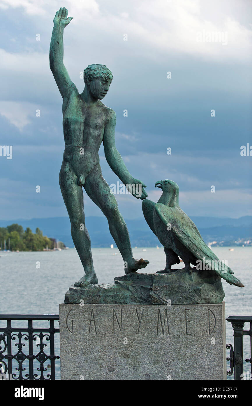 Ganymed statue in front of Lake Zurich on Buerckliplatz square, Zurich, Switzerland, Europe Stock Photo