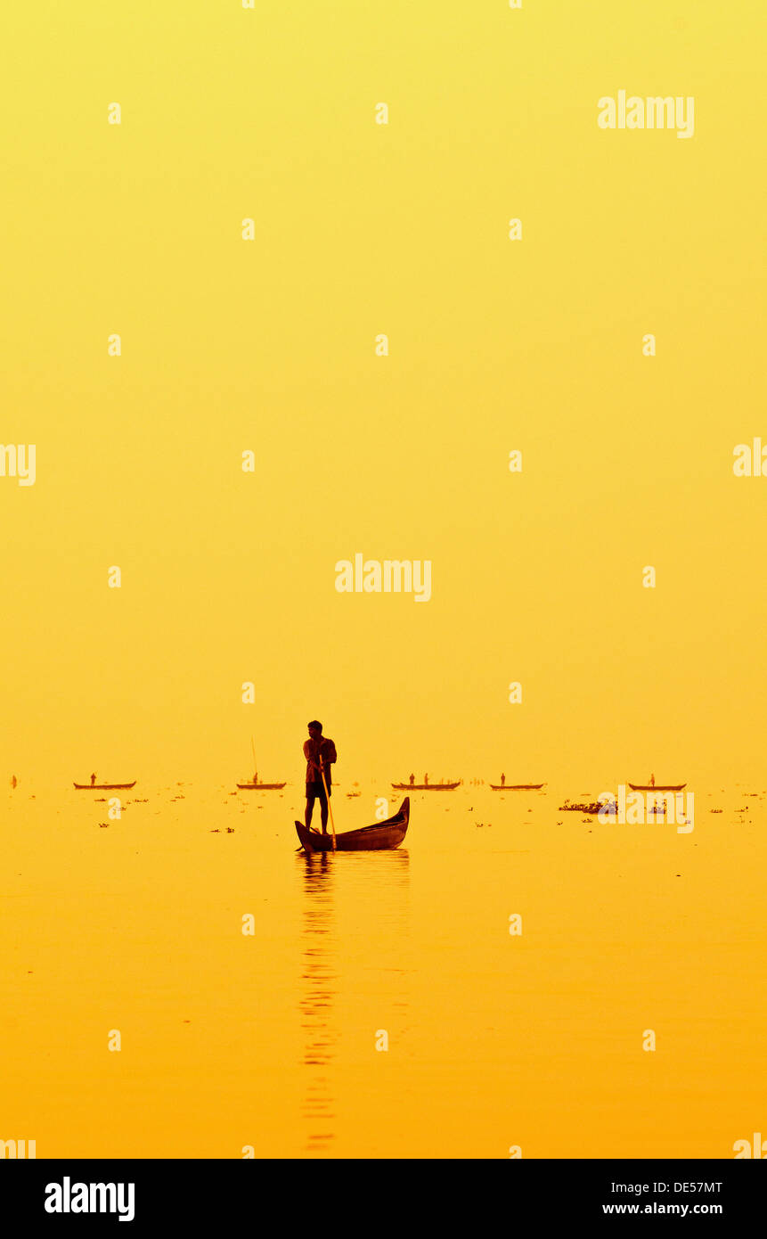 Fisherman fishing on Lake Vembanad at sunrise, Kerala, southern India, India, Asia Stock Photo