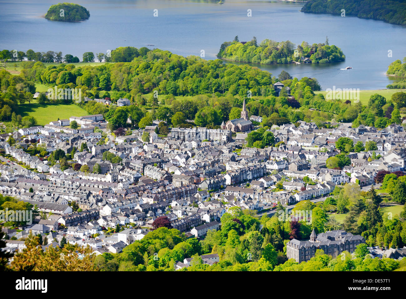 Lake District National Park, Cumbria, England. Southwest over Keswick town and north end of Derwentwater. Summer Stock Photo