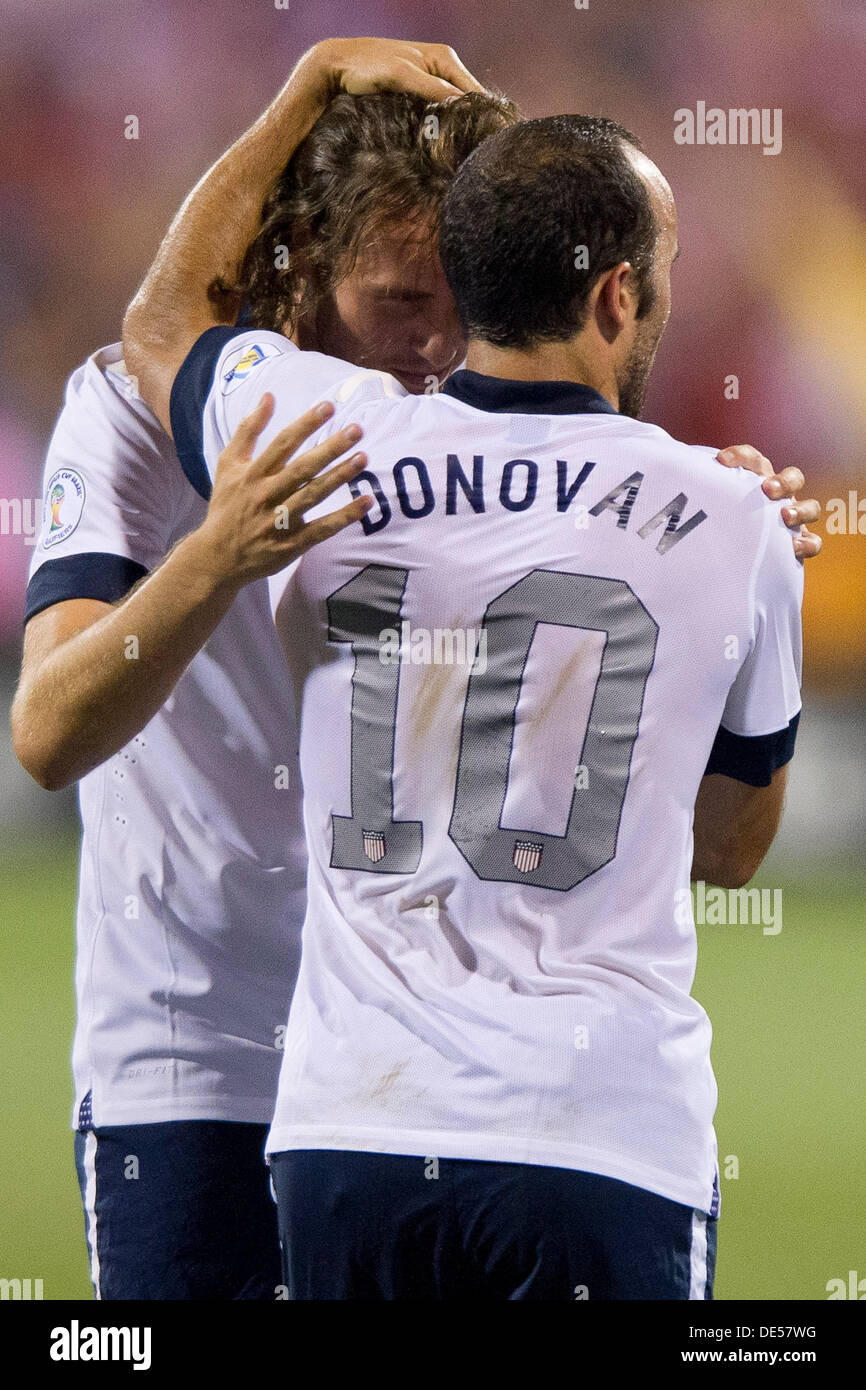 Columbus, Ohio, USA. 10th Sep, 2013. September 10, 2013: US Men's National Team midfielder Mix Diskerud (14) and US Men's National Team forward Landon Donovan (10) embrace after a goal during the U.S. Men's National Team vs. Mexico National Team- World Cup Qualifier match at Columbus Crew Stadium - Columbus, OH. The United States Men's National Team defeated The Mexico National Team 2-0 and clinched a spot for the World Cup in Brazil. © csm/Alamy Live News Stock Photo