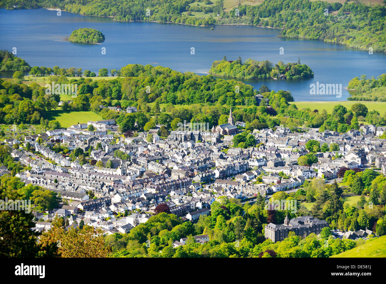 Lake District National Park, Cumbria, England. Southwest over Keswick town and north end of Derwentwater. Summer Stock Photo