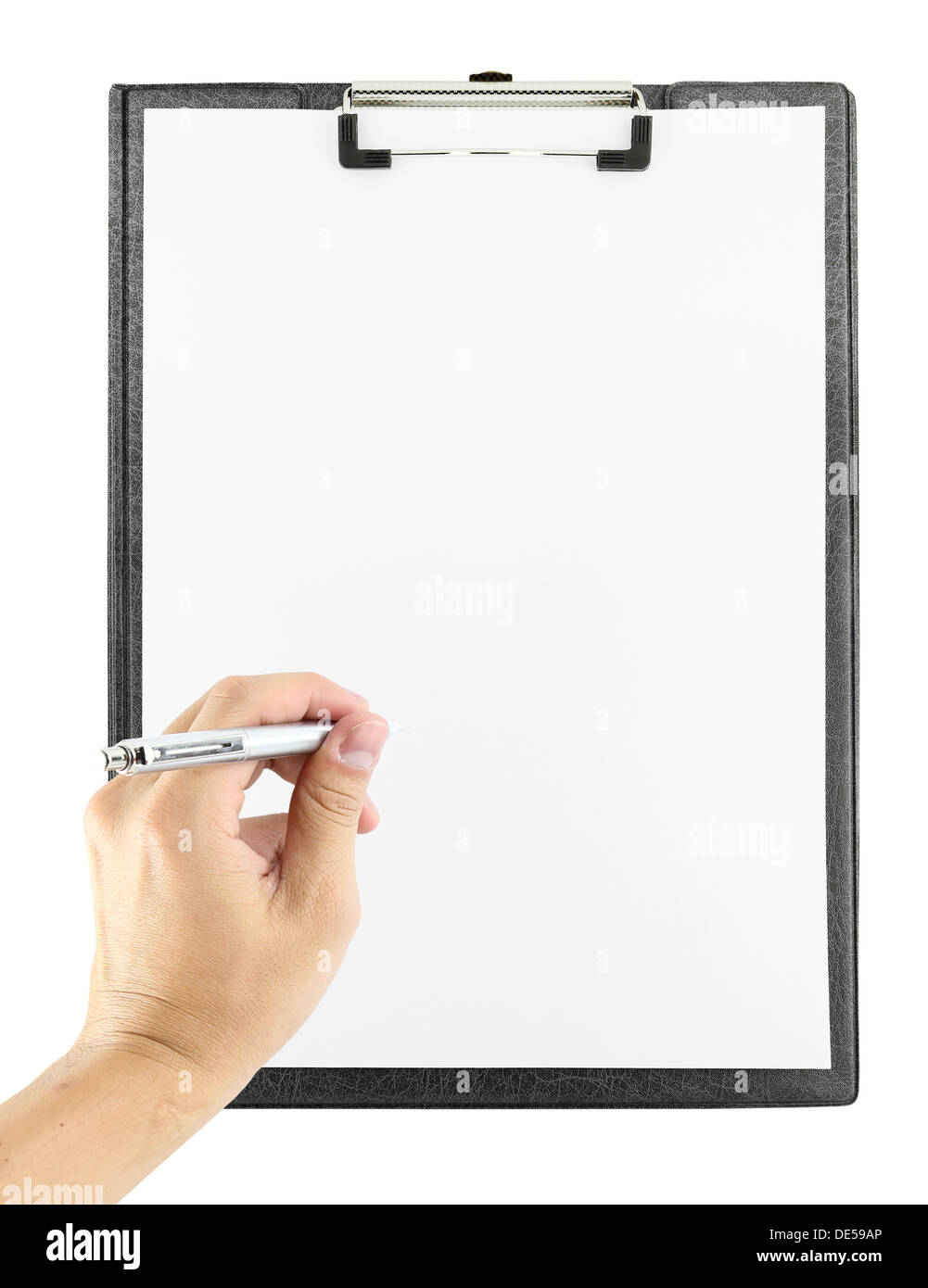 hand with pen writing on clipboard on white background Stock Photo - Alamy