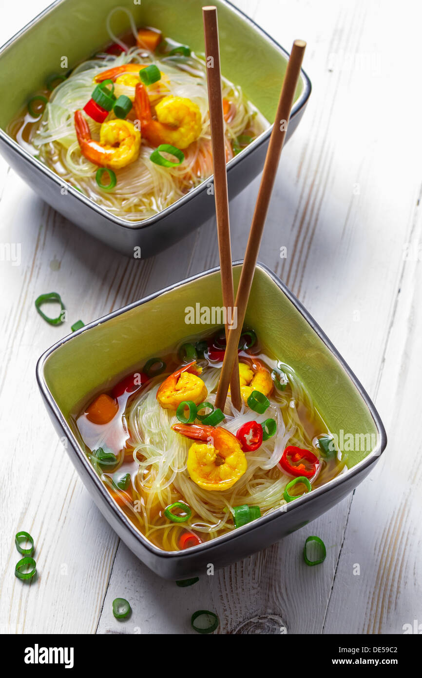 Soup with noodles and spicy shrimp Stock Photo