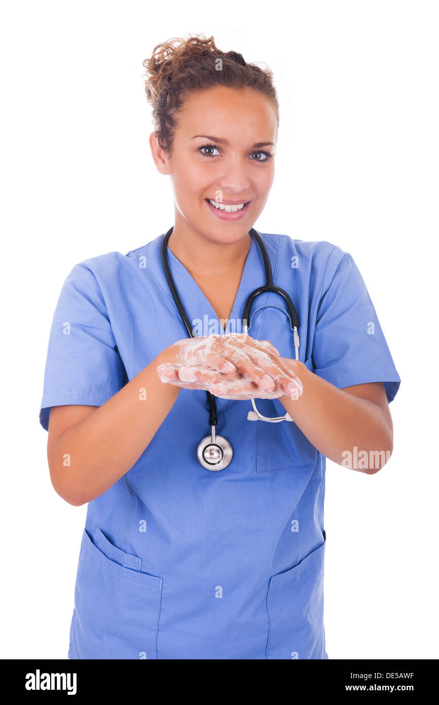 young nurse washing hands with soap isolated Stock Photo - Alamy