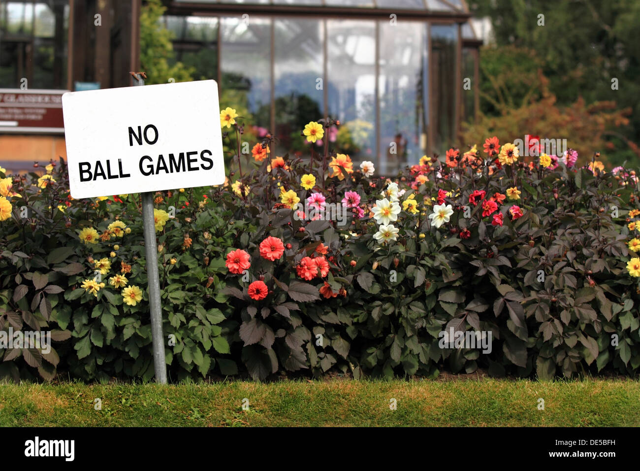 No Ball Games sign post in Botanic Gardens, Glasgow, Scotland, UK. Stock Photo