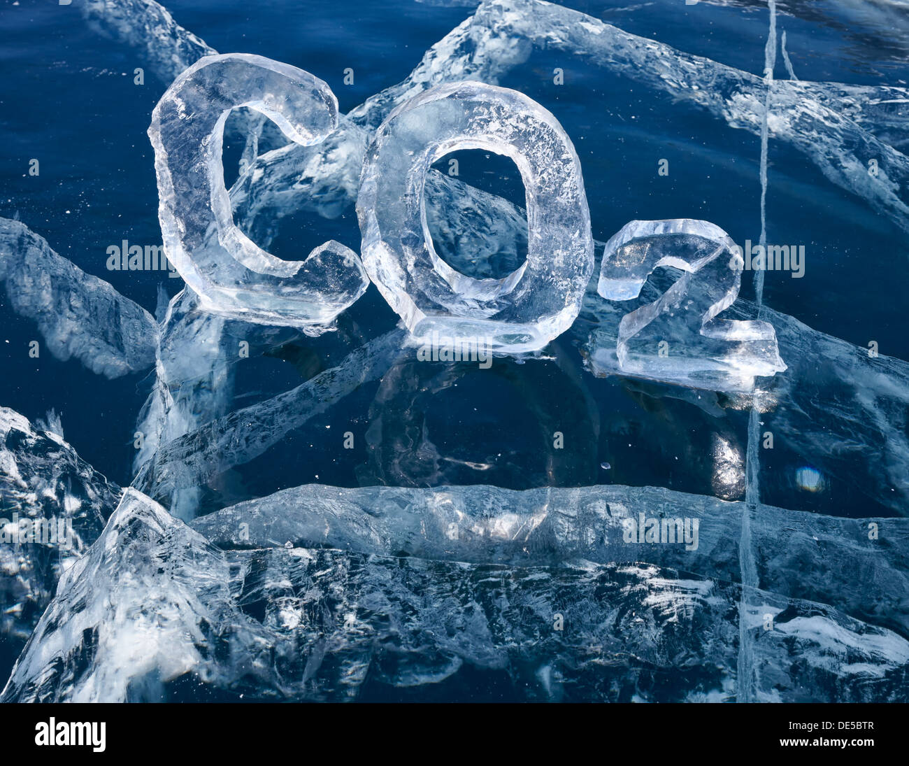 Chemical formula of greenhouse gas carbon dioxide CO2 made from ice on winter frozen lake Baikal  Stock Photo