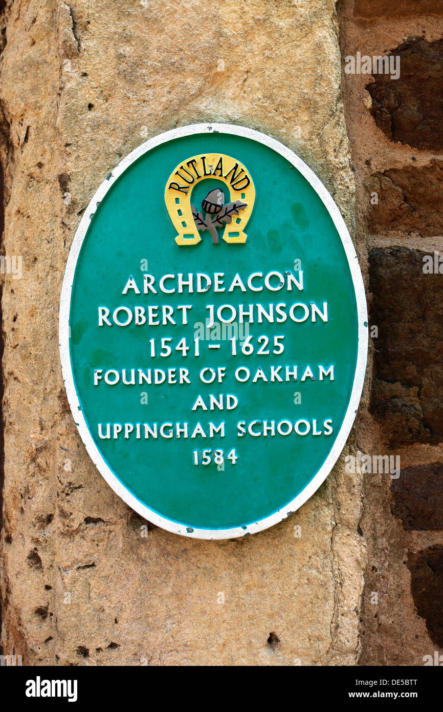 Plaque to Archdeacon Robert Johnson founder of Uppingham School, market town of Uppingham, Rutland County, England, Britain; UK Stock Photo