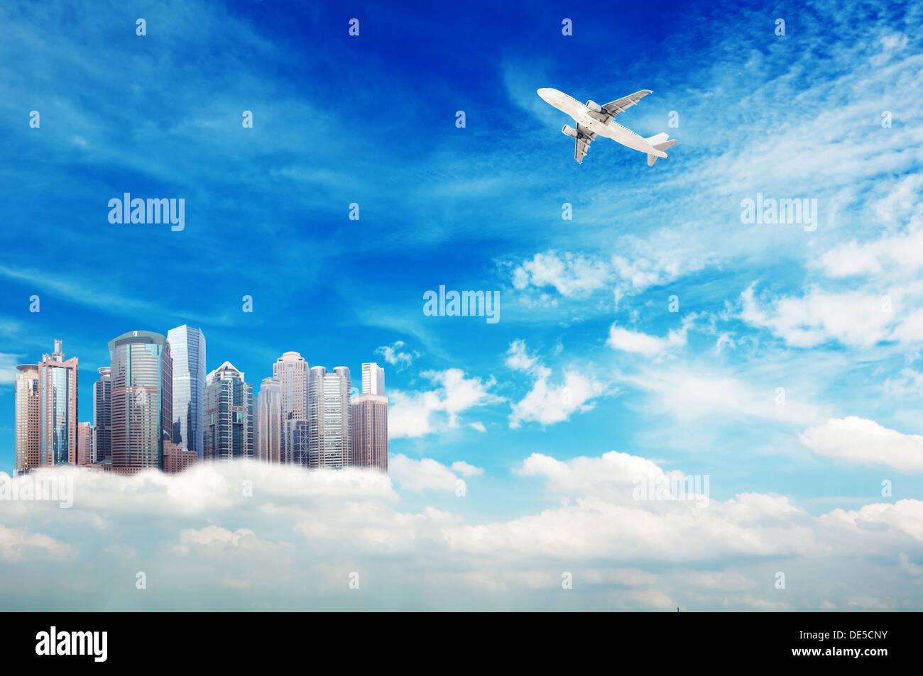 Higher than the clouds of skyscrapers, exaggerated performance Stock ...