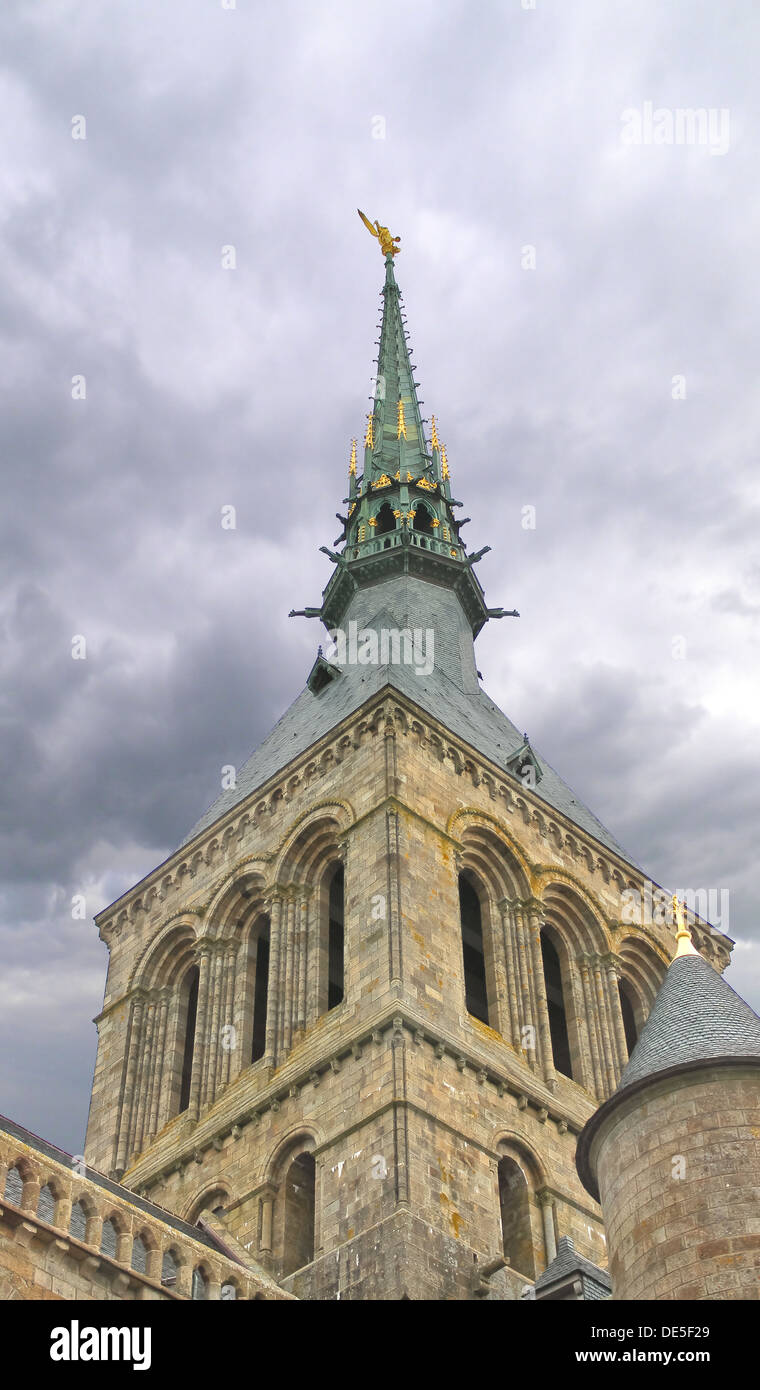 Spire of the cathedral in the abbey of Mont Saint Michel. Normandy ...