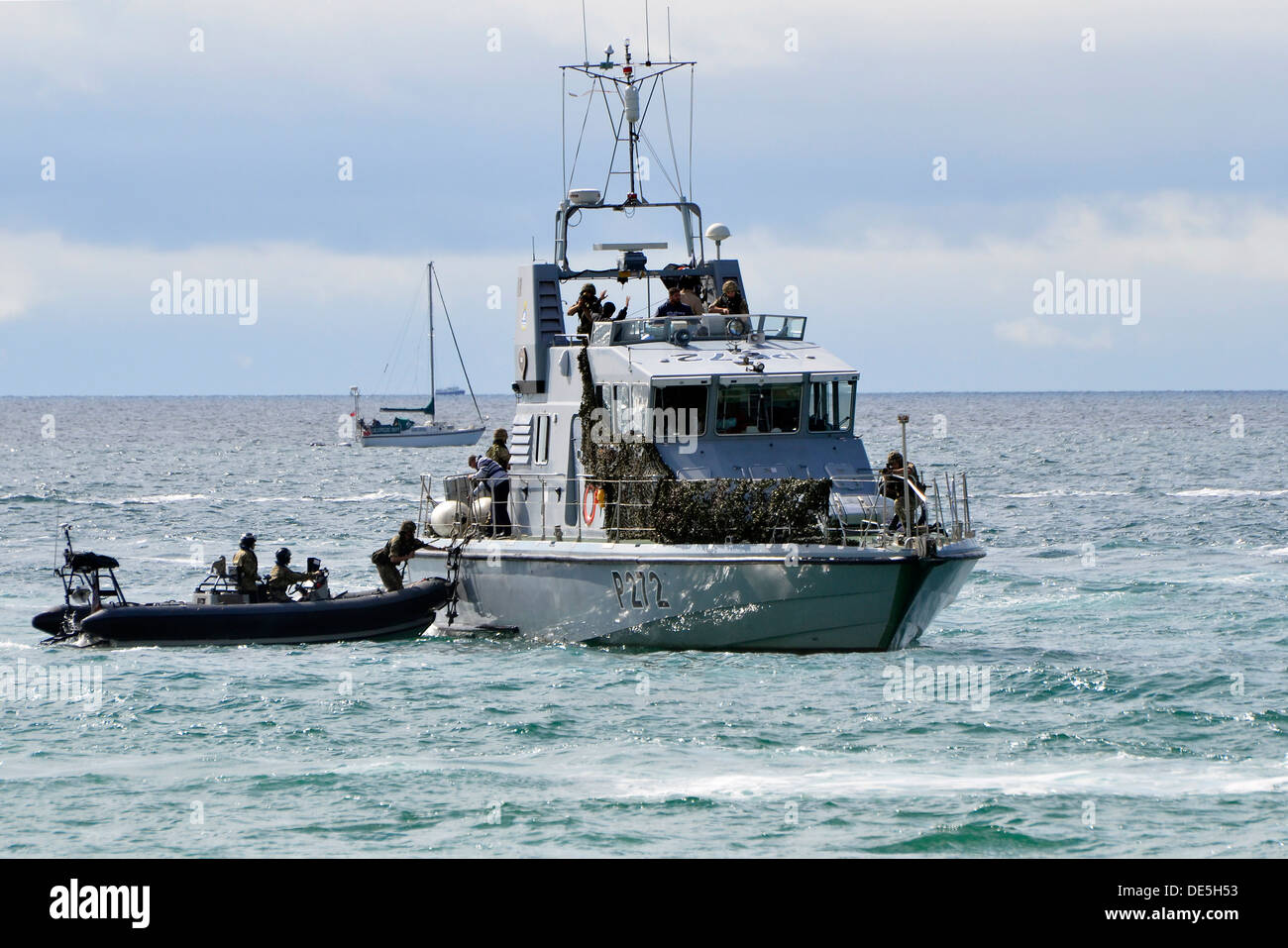 HMS Smiter an Archer-class patrol and training vessel of the British Royal Navy taking part in an anti-piracy demonstration. Stock Photo