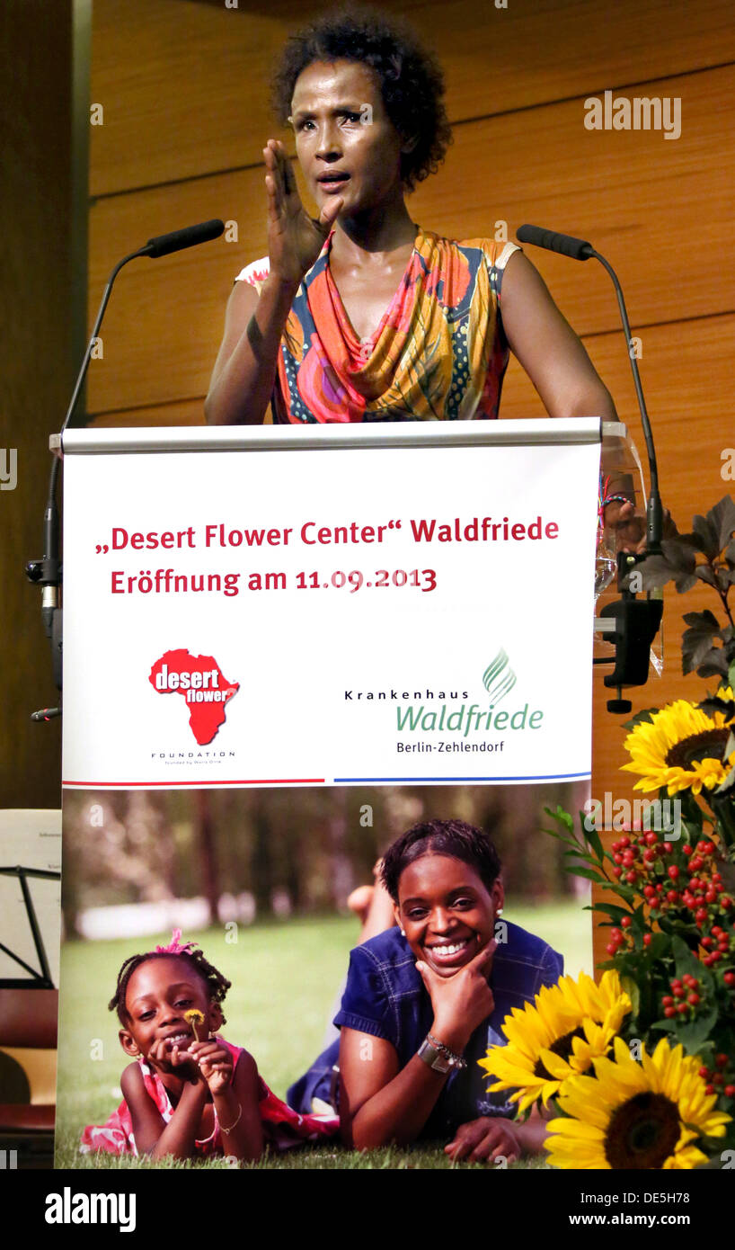 Waris Dirie, Somalian author of the bestseller 'Forest Flower' and activist against female genital cutting speaks at the opening of the 'Desert Flower Centre' of which she is a patron at hospital Waldfriede in Berlin, Germany, 11 September 2013. The centre is the first hospital in Europe that treats women with femal gentical cutting psychologically and surgically. Photo: STEPHANIE PILICK Stock Photo