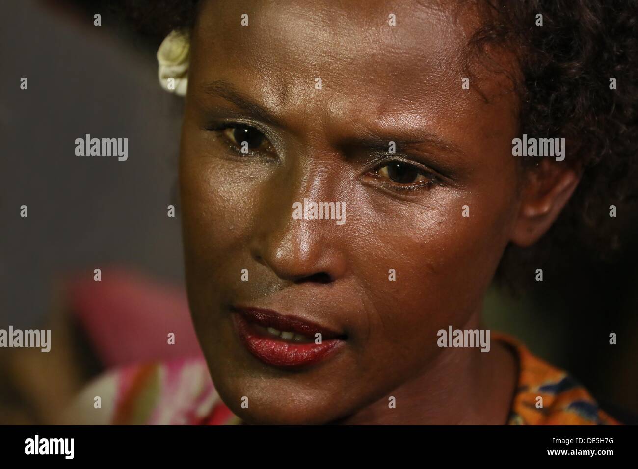 Waris Dirie, Somalian author of the bestseller 'Forest Flower' and activist against female genital cutting attends the opening of the 'Desert Flower Centre' of which she is a patron at hospital Waldfriede in Berlin, Germany, 11 September 2013. The centre is the first hospital in Europe that treats women with femal gentical cutting psychologically and surgically. Photo: STEPHANIE PILICK Stock Photo