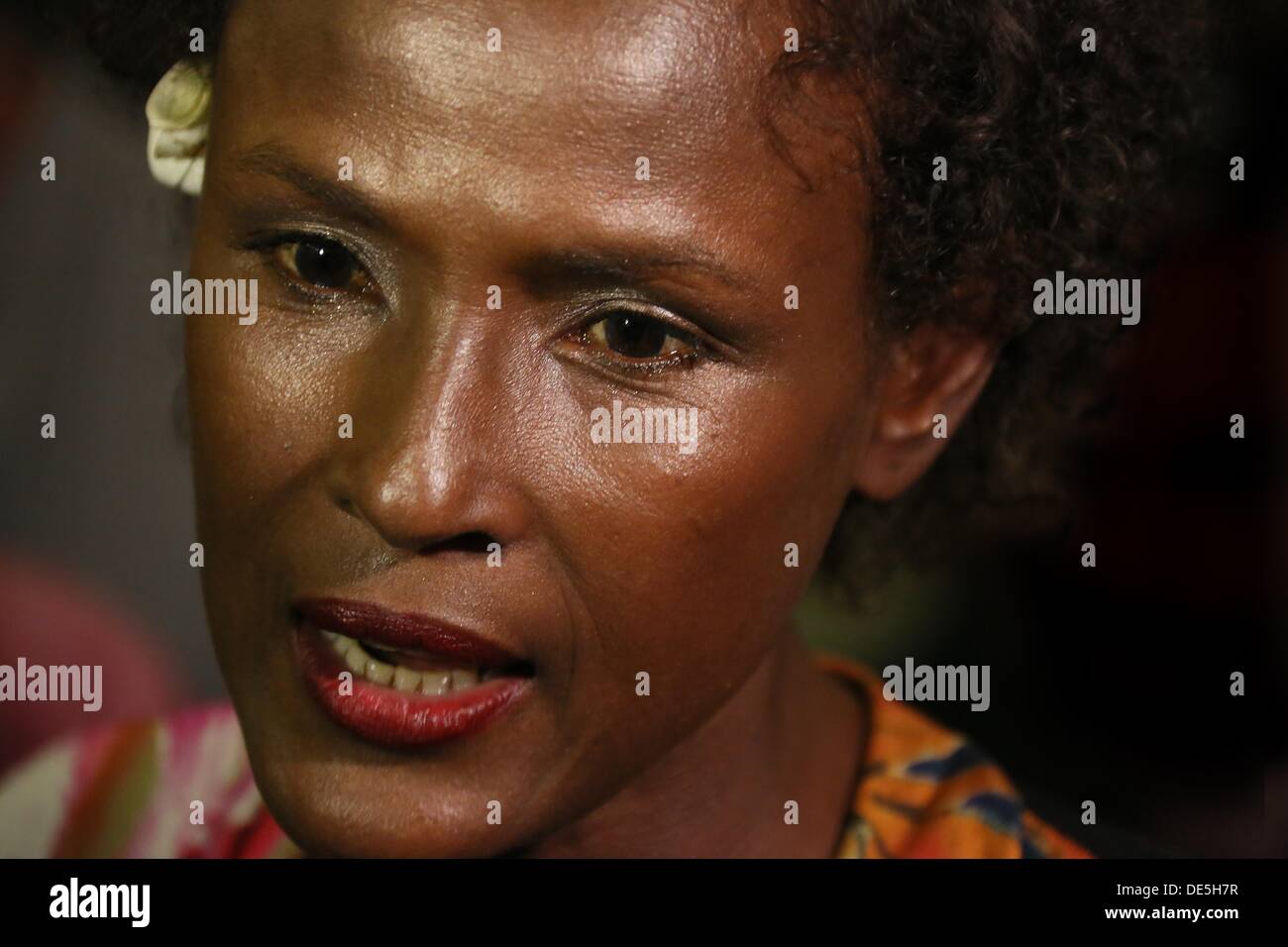 Waris Dirie, Somalian author of the bestseller 'Forest Flower' and activist against female genital cutting attends the opening of the 'Desert Flower Centre' of which she is a patron at hospital Waldfriede in Berlin, Germany, 11 September 2013. The centre is the first hospital in Europe that treats women with femal gentical cutting psychologically and surgically. Photo: STEPHANIE PILICK Stock Photo