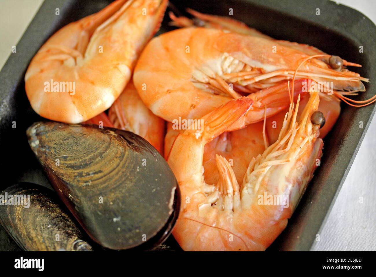 Fresh shrimp and mussels in the shell Shellfish in black container