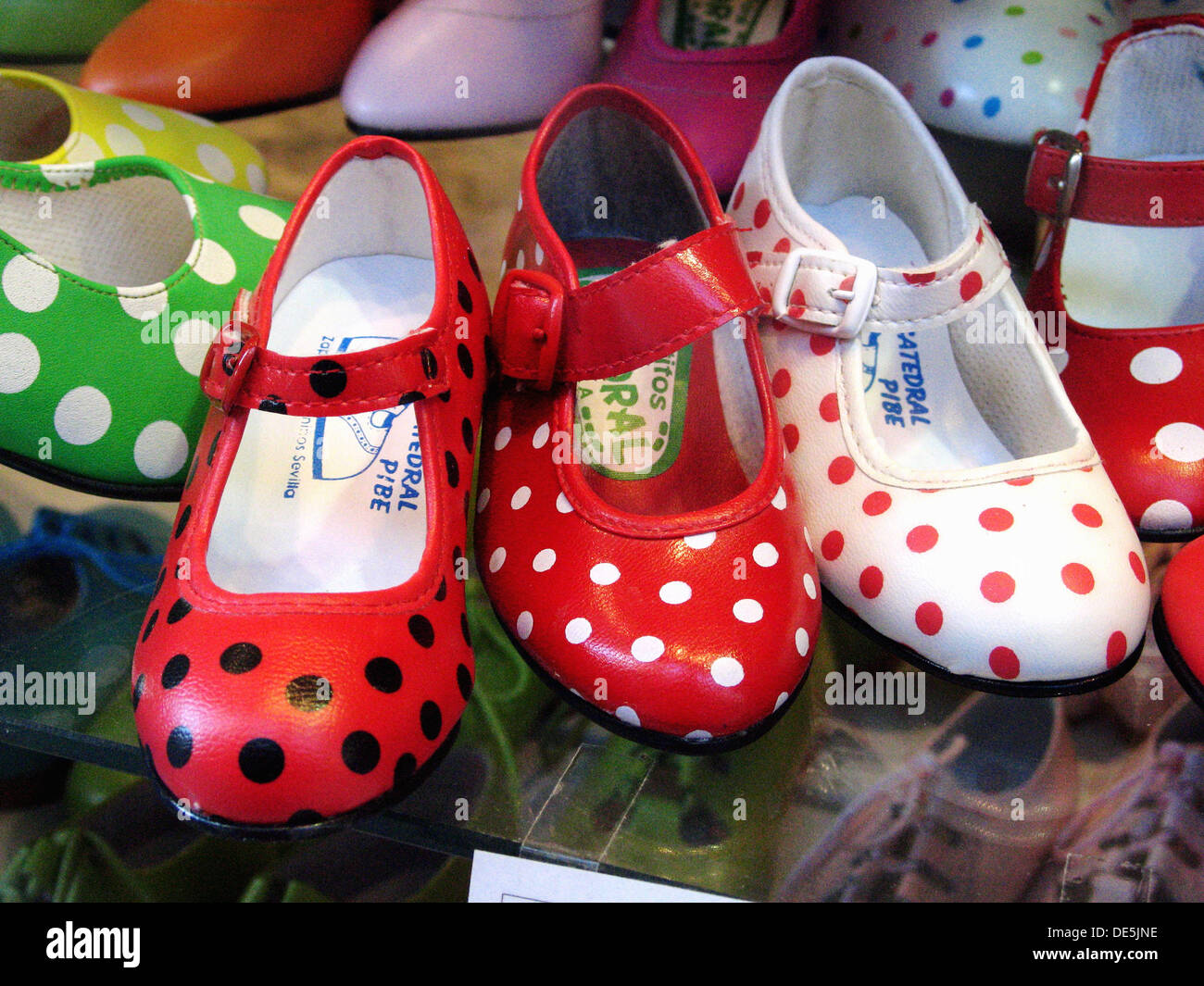 Flamenca shoes for girls in a shop window. Sevilla. Andalucia