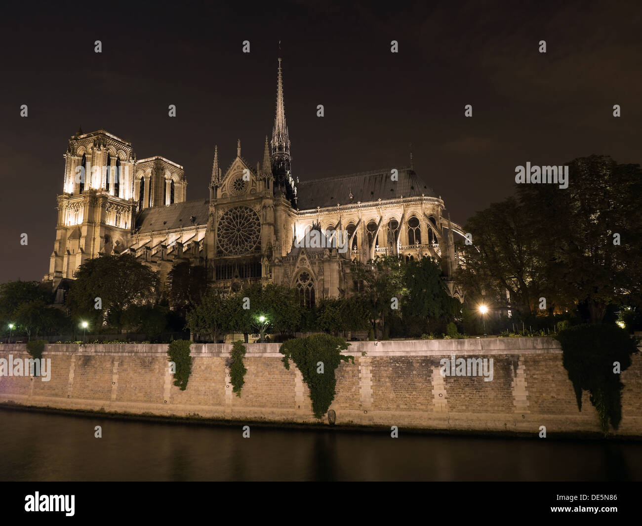 Notre Dame Cathedral in Paris illuminated at night Stock Photo