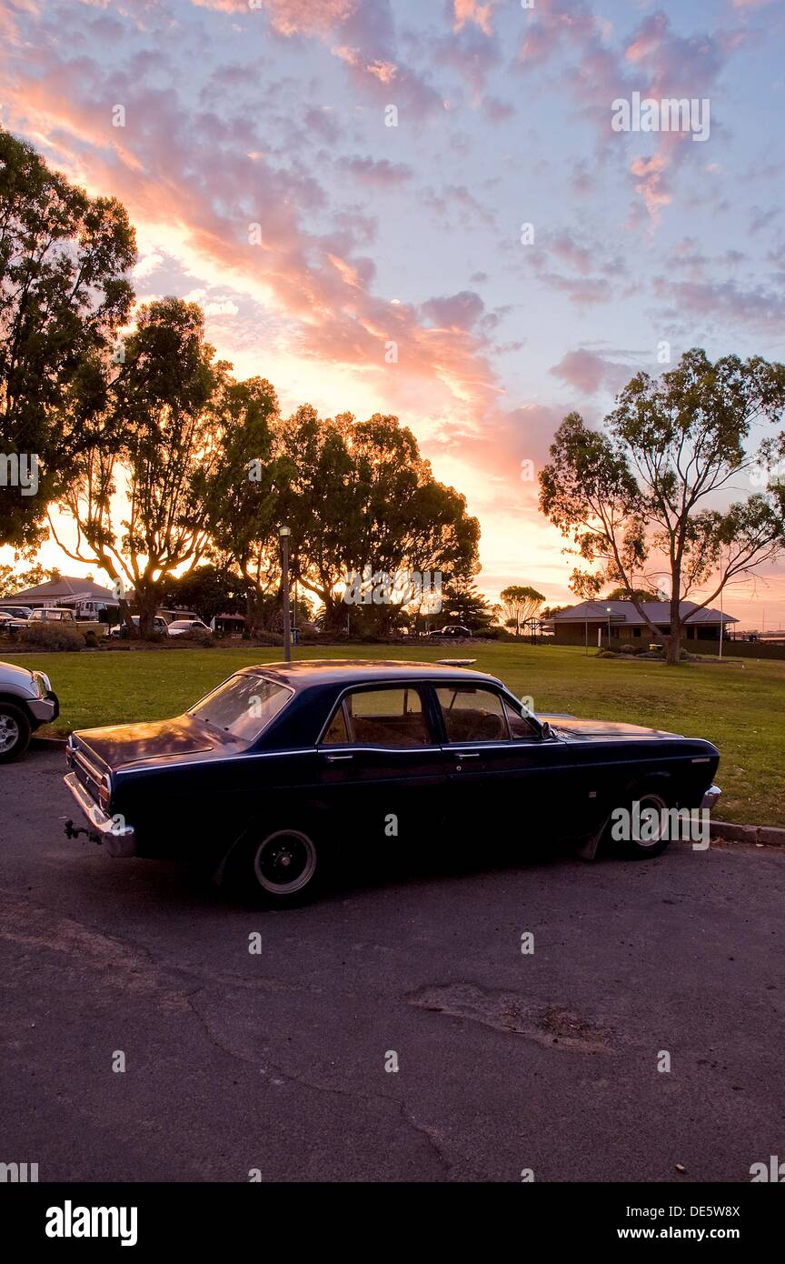 Classic car at sunset, Streaky Bay, South Australia, Australia Stock