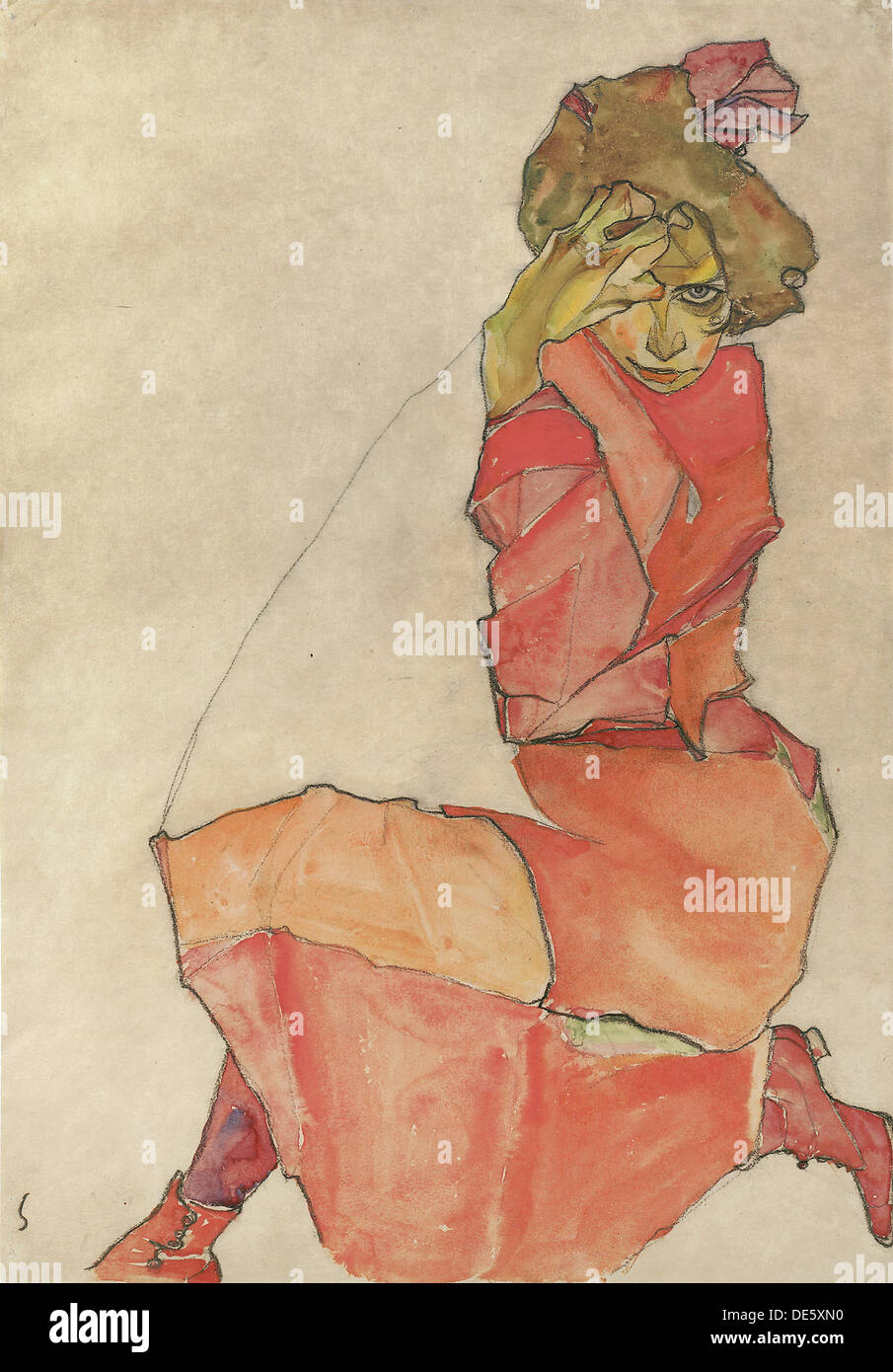 kneeling female in orange-red dress Kneeling Female in Orange-Red Dress" by Egon Schiele (1910) vs Maison Margiela Co-ed collection featured in Ginza Magazine, photographed by Shunya Arai (2019)
