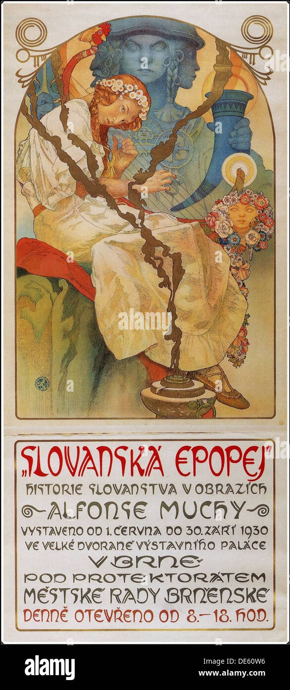 Poster for the exhibition The Slav Epic (Slovanská epopej), 1928. Artist: Mucha, Alfons Marie (1860-1939) Stock Photo