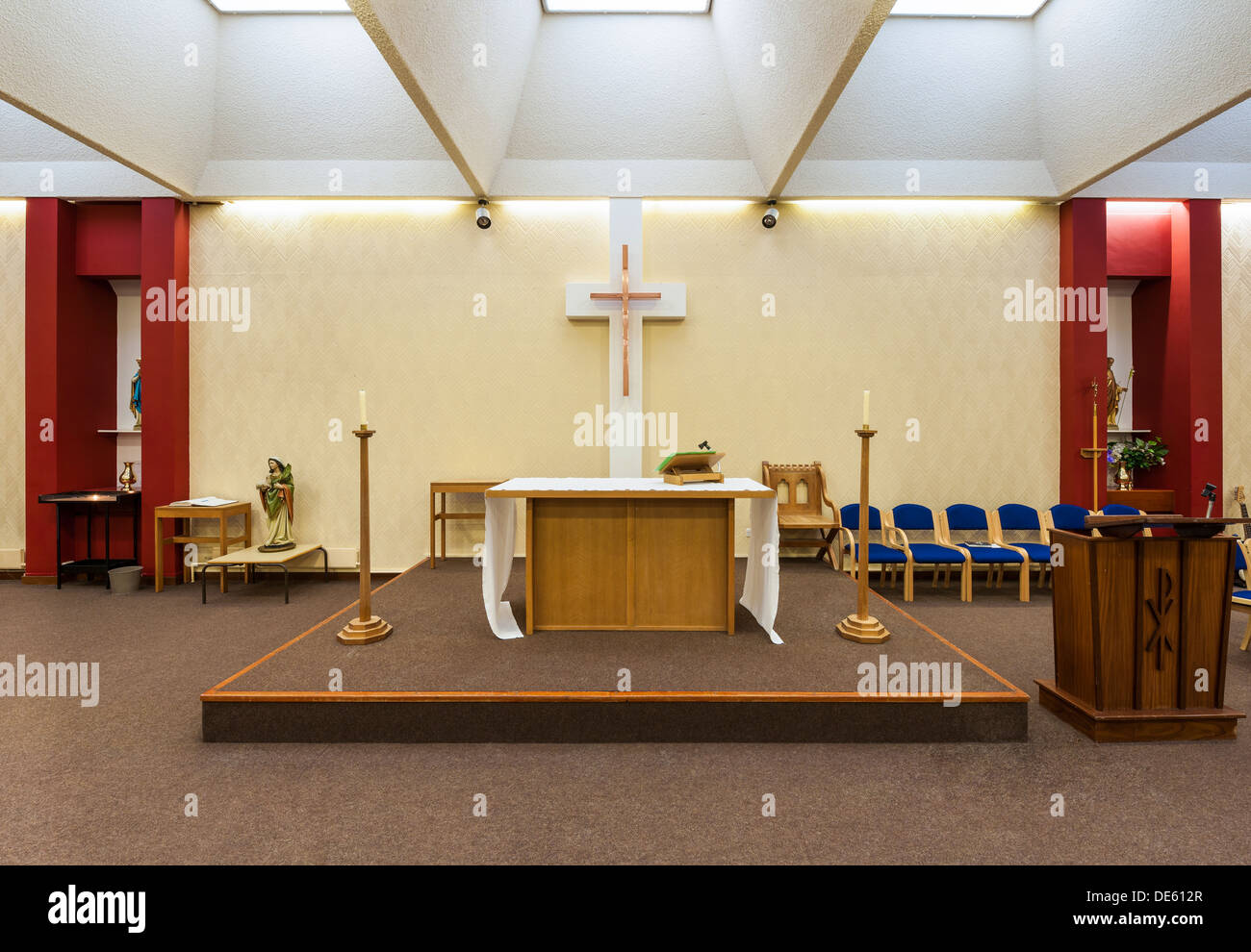 A close angle image of the altar area of a modern chapel within one of Her Majesty's Prisons in Lancashire in the UK. Stock Photo