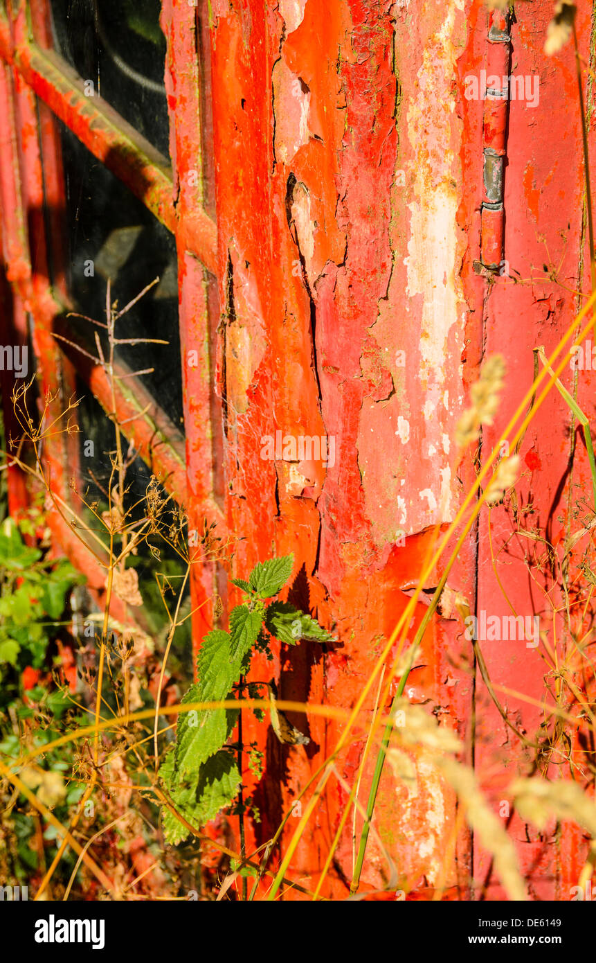 Detail of dilapidated telephone box at Lower Down, Shropshire Stock Photo