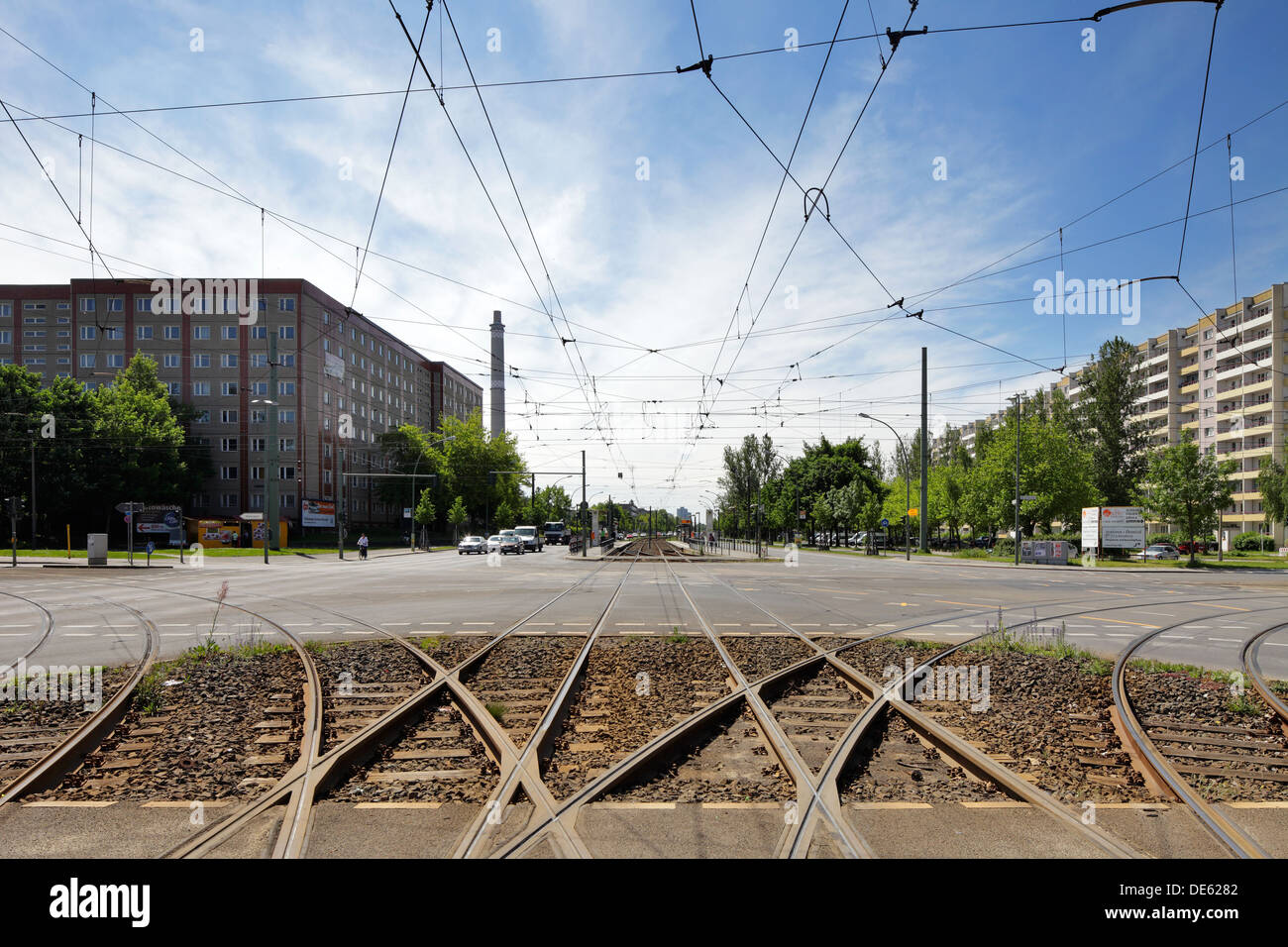 Berlin, Germany, crossroads, overhead lines and tram rails Stock Photo