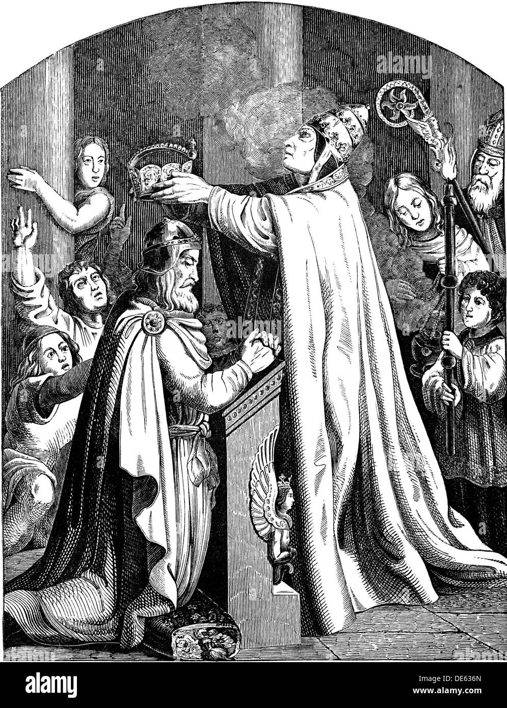 The Coronation of Emperor Charlemagne by Pope Leo III (Illustration from the Geschichte des deutschen Volkes by E. Duller), 1840. Artist: Kirchhoff, J Stock Photo