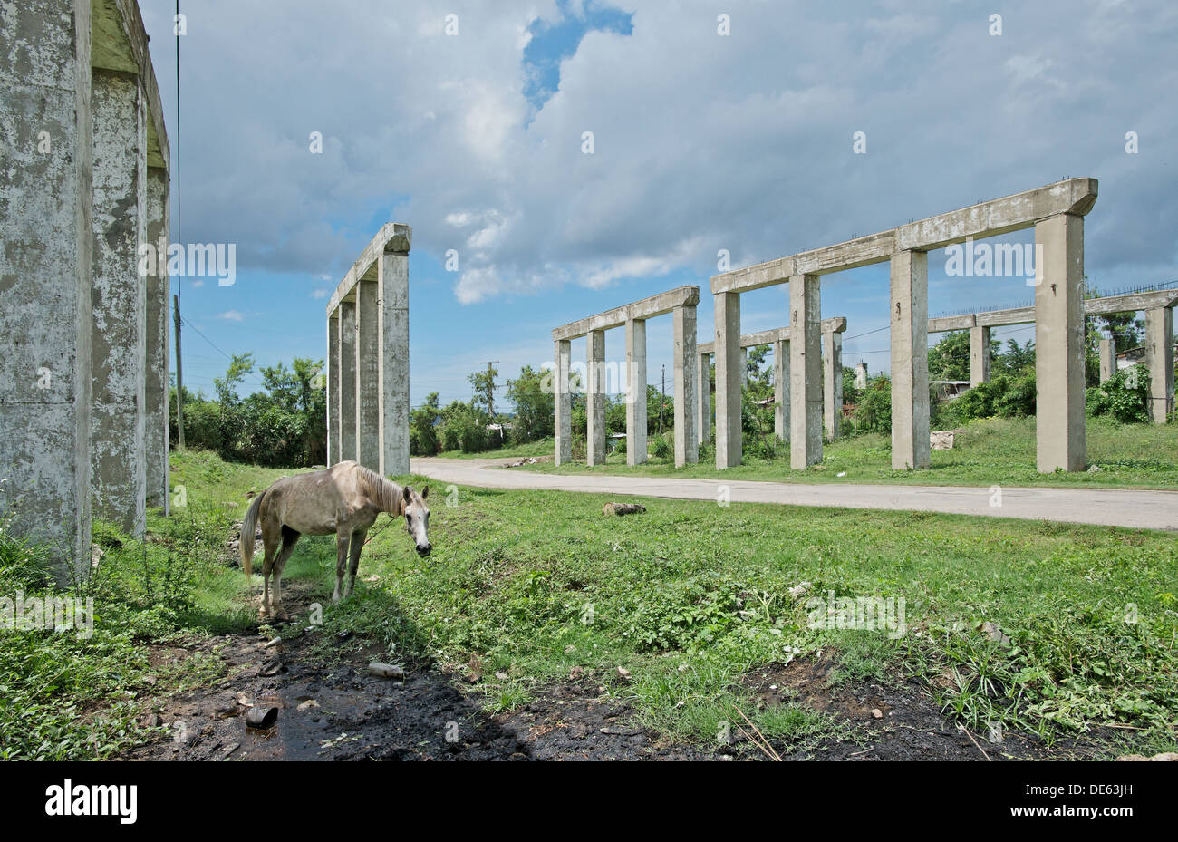 Santiago de Cuba, Cuba, the horse in front of a ruined building unfinished bridge Stock Photo