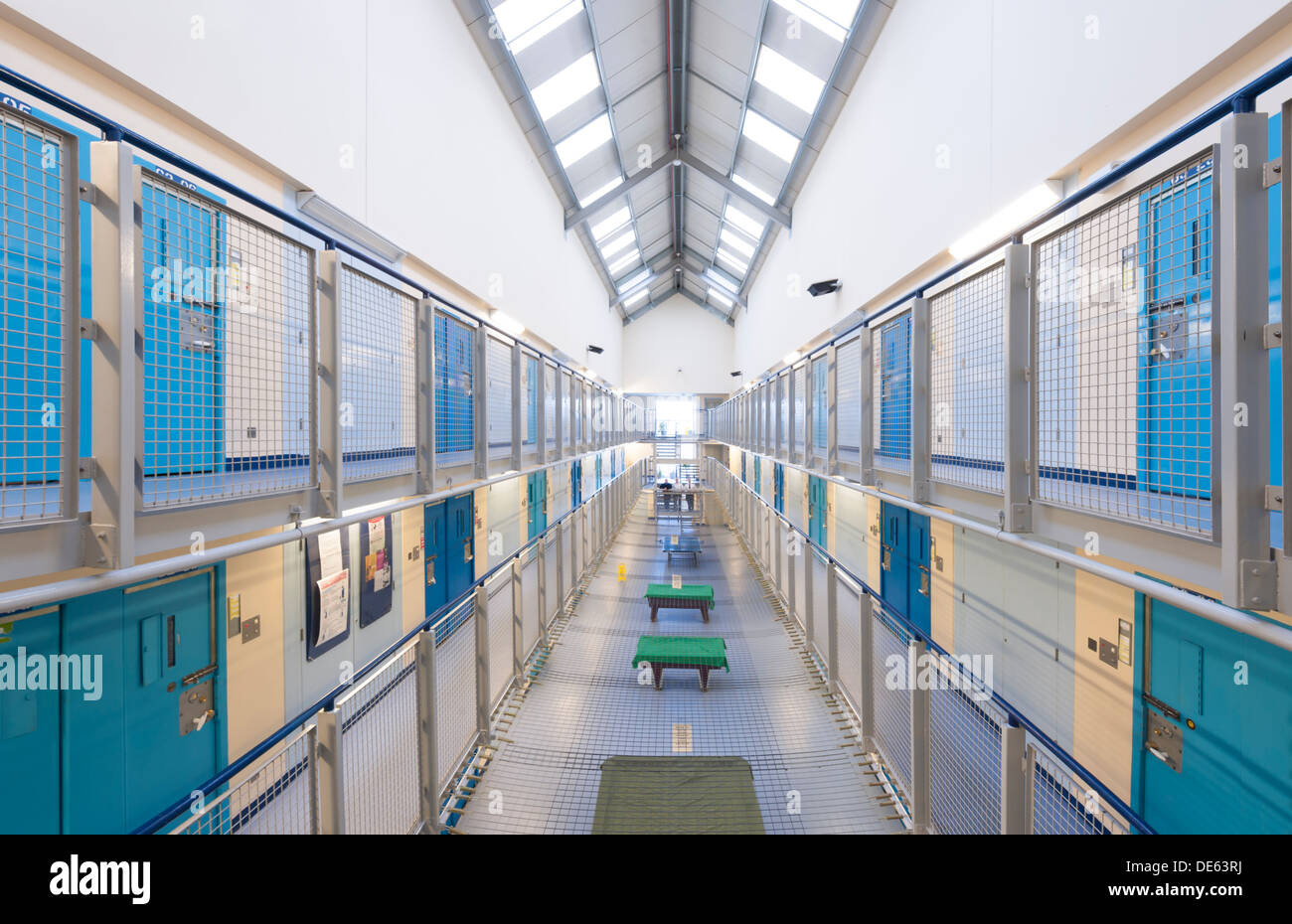 The interior of one of Her Majesty's Prison cell blocks in Lancashire in the UK. Stock Photo