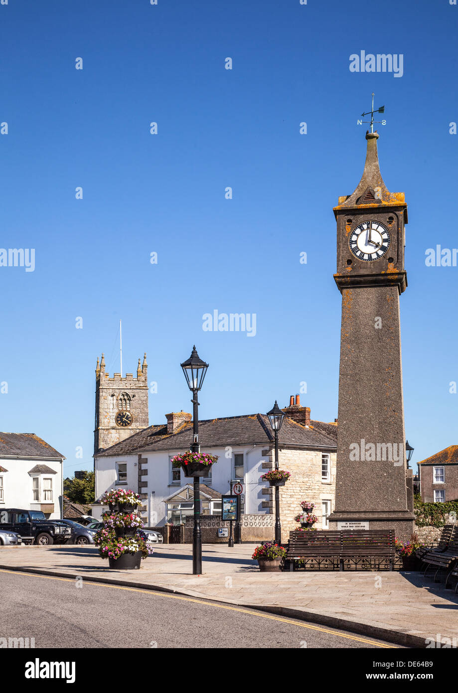 The war memorial clock and church tower at St Just in Cornwall England